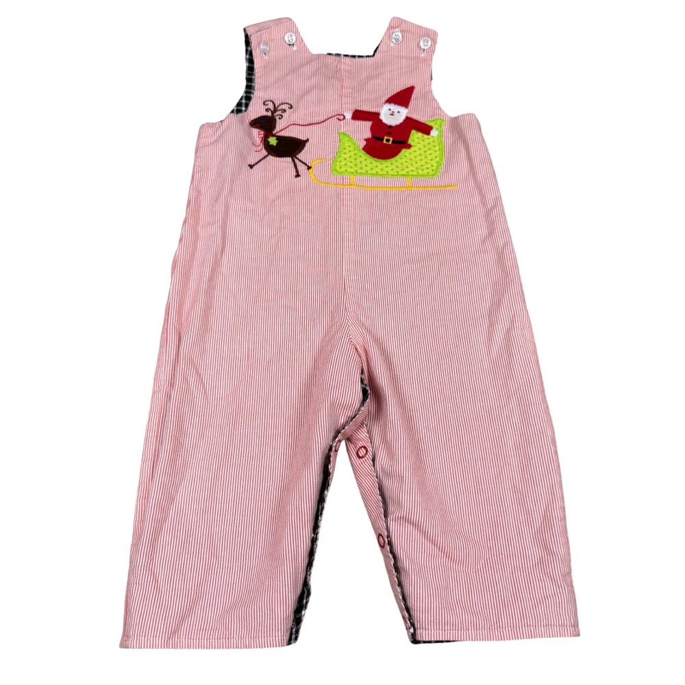 Reversible Kids Jon Jon Red Appliqué Santa Black Gingham Cow Romper 23in L